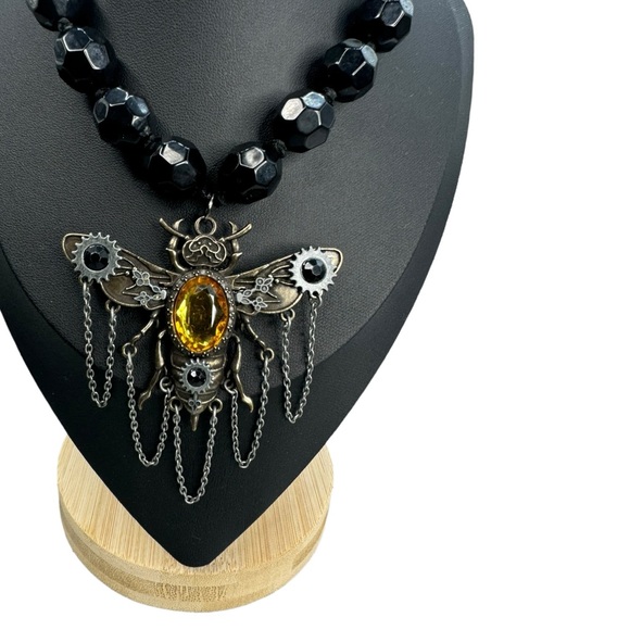 steampunk-themed insect pendant black beaded tie bib one of a kind necklace - Picture 2 of 7
